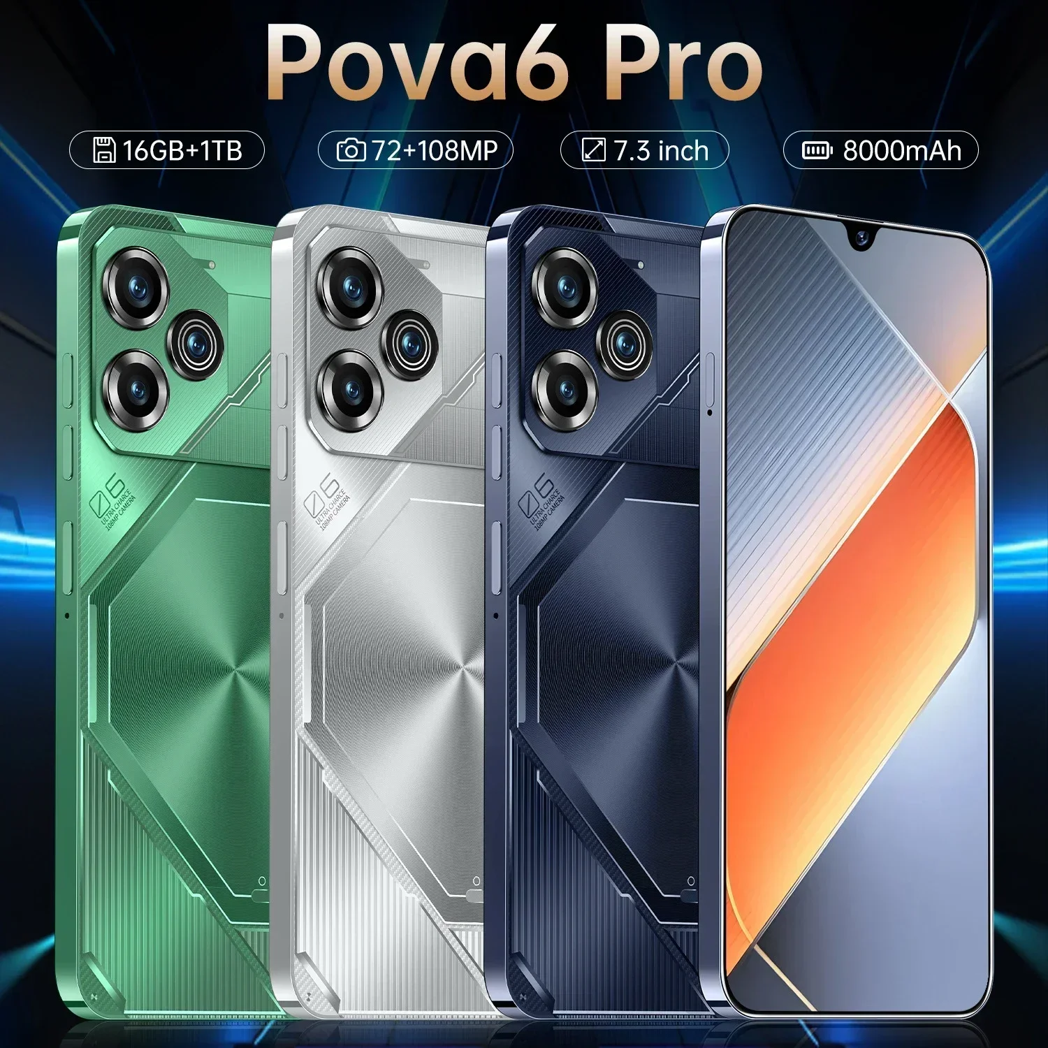 Global Version Pova 6 Pro Smart Android Phone 7.3 Inch HD+ Android 13 Snapdeagon8 Gen2 8000mAh 5G 108MP Camera Dual SIM phone