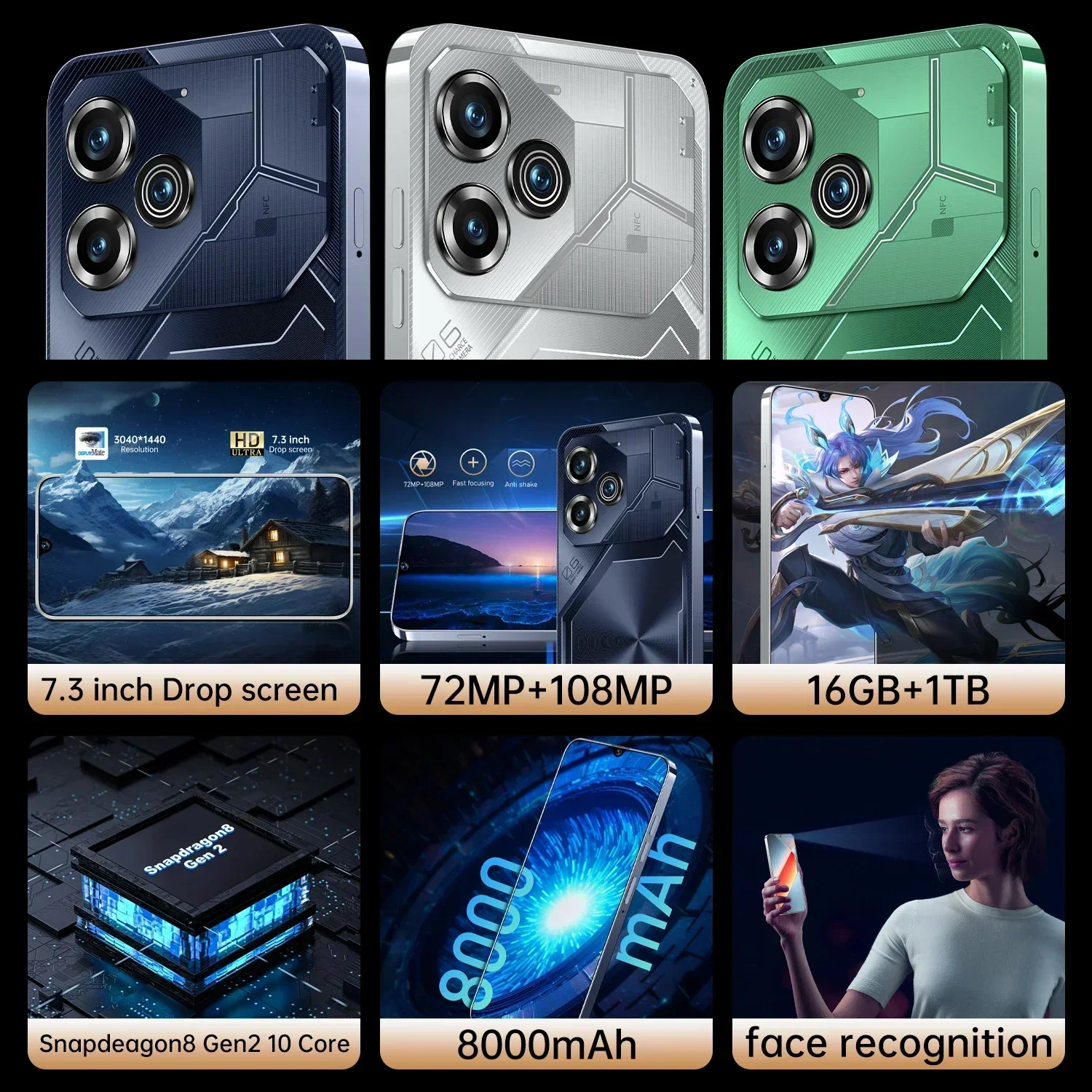 Global Version Pova 6 Pro Smart Android Phone 7.3 Inch HD+ Android 13 Snapdeagon8 Gen2 8000mAh 5G 108MP Camera Dual SIM phone