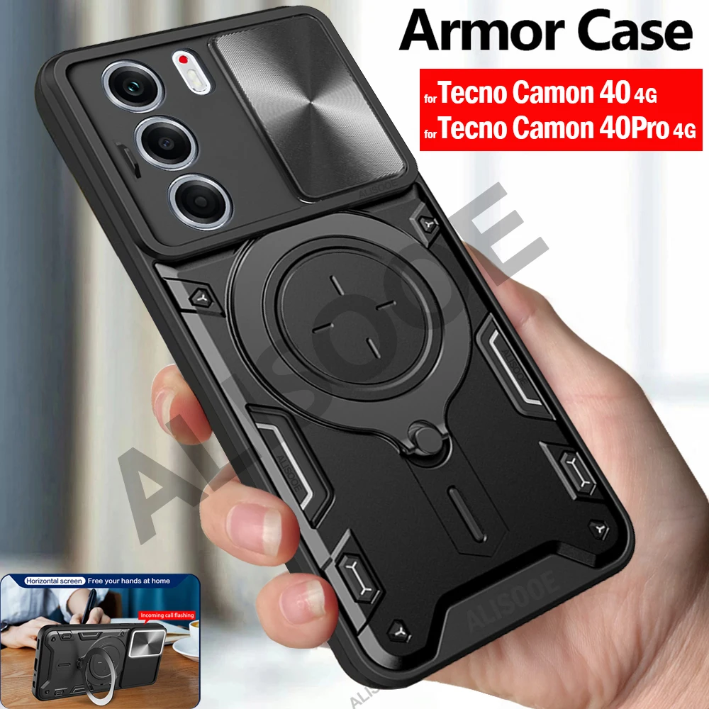 Slide Camera Holder Funda for Tecno Camon 40 Pro 4G Case Magnetic Ring Stand Protection Back Cover for Tecno Camon 40 4G Capa